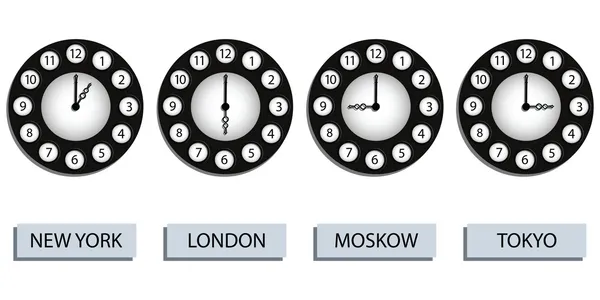 Relojes Zona Horaria Para Cuatro Países Diferentes Contra Fondo Blanco — Vector de stock