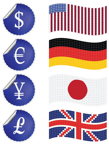 Etiquetas de moeda internacional com bandeiras — Vetor de Stock