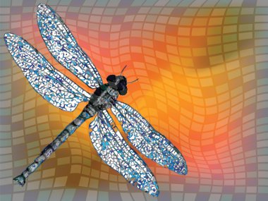 Dragon fly against squared texture, abstract vector art illustration clipart