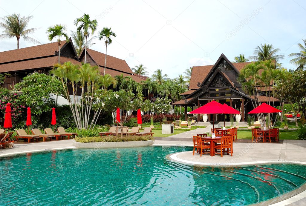 Swimming pool near lobby of luxury hotel, Samui, Thailand