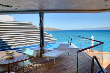 Outdoor recreation area of holiday villa at luxury hotel, Crete,