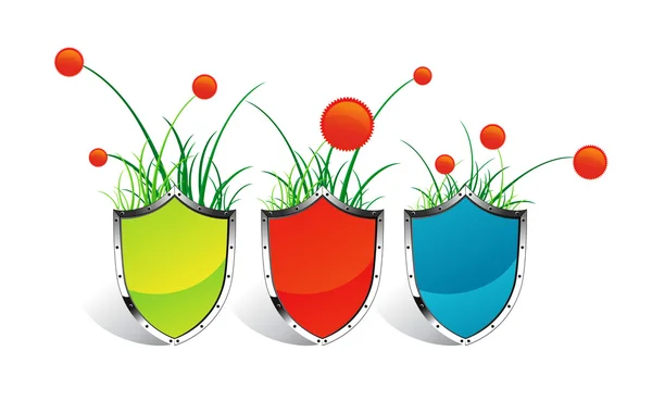 Pictogram Met Gekleurde Schilden Ter Bescherming Van Het Gras Bloemen — Stockvector