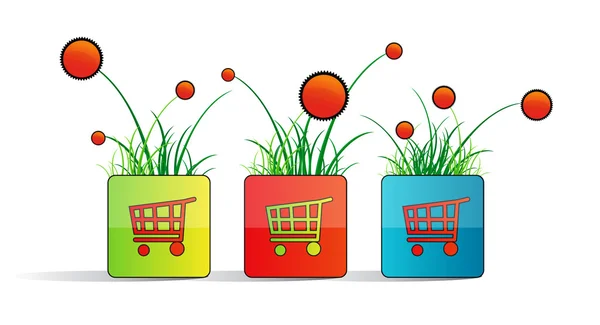 Quadrado com carrinhos de compras, grama e flores —  Vetores de Stock