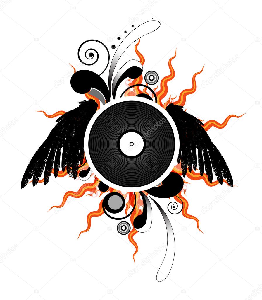 Vinyl LP record, around a pattern of curls, and wings of fire