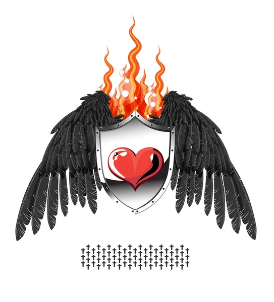 Coração, o escudo da chama, asas — Vetor de Stock