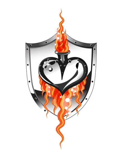 Металеве Серце Полум Щиті — стоковий вектор