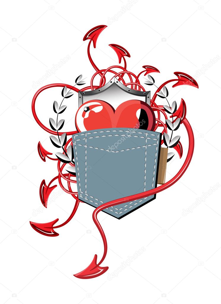 Heart with devil tails and a wreath in jeans pocket
