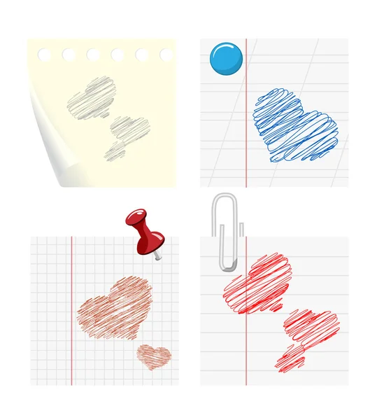Set Samples Paper Drawings Hearts — Stock Vector