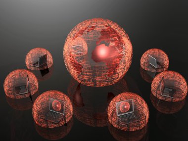 Network - notebooks and red firewalled globe on black background. clipart