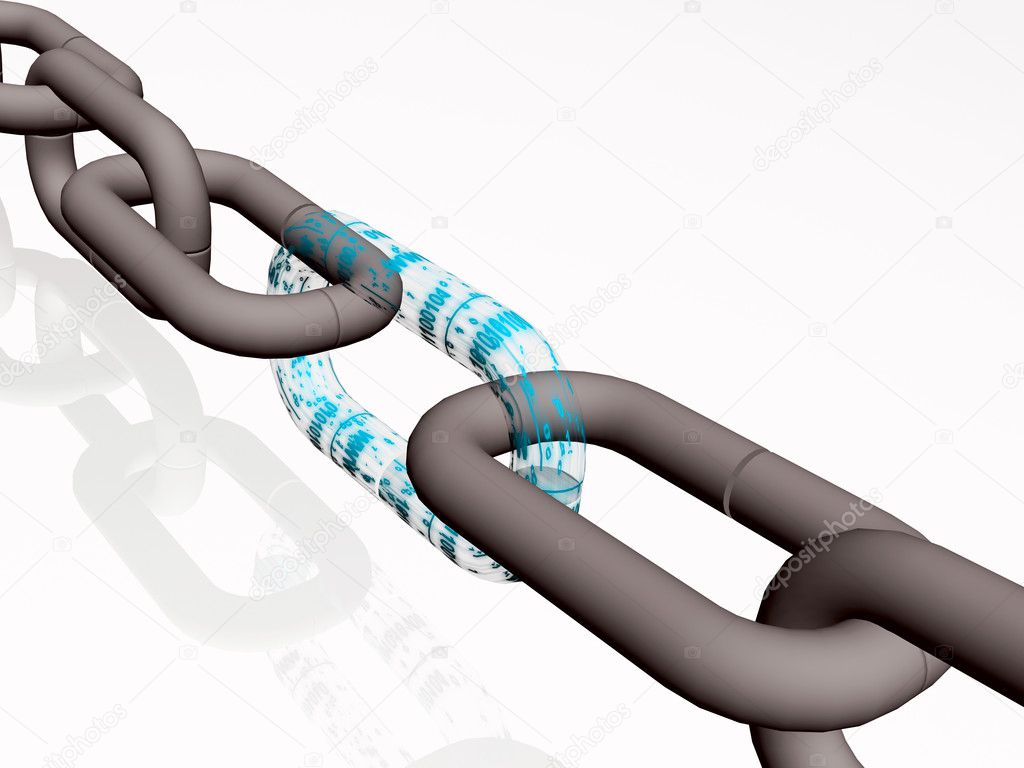Chain with white digital links, space background.