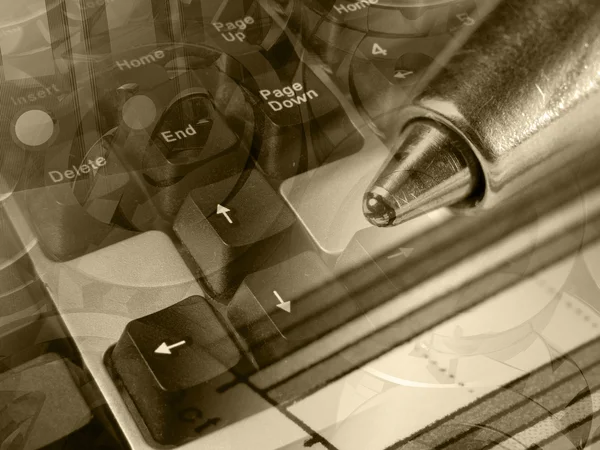 Magnifier, ruler and calculator, collage in sepia — Stock Photo, Image