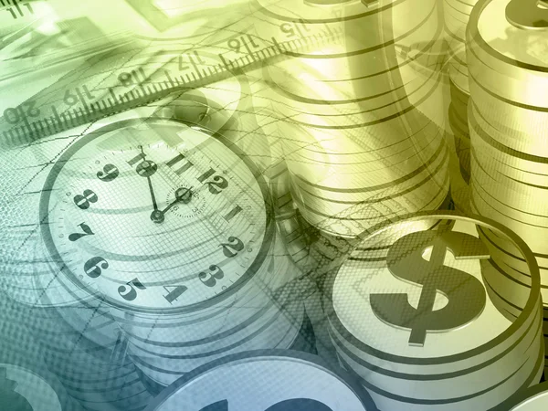 Afbeelding, Vergrootglas, geld en klok, collage — Stockfoto