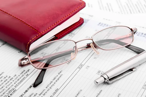 Caneta Óculos Notebook Close — Fotografia de Stock