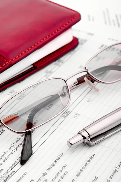 Caneta Óculos Notebook Close — Fotografia de Stock