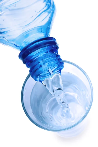 Pure water is poured from a bottle in a glass