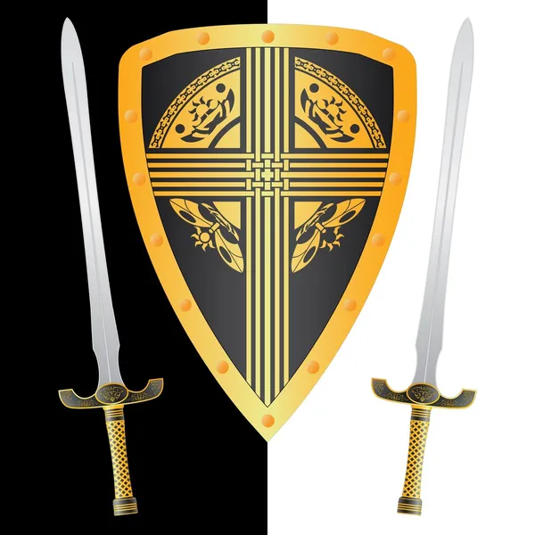 Escudo de fantasía y espadas. tercera variante — Vector de stock