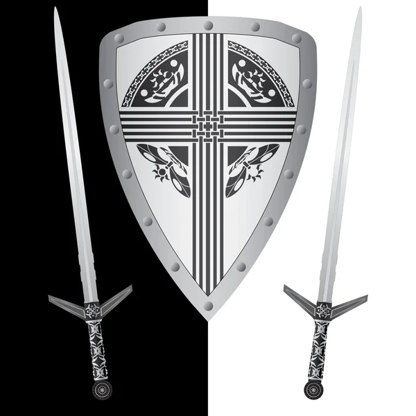 Escudo de fantasia e espadas — Vetor de Stock