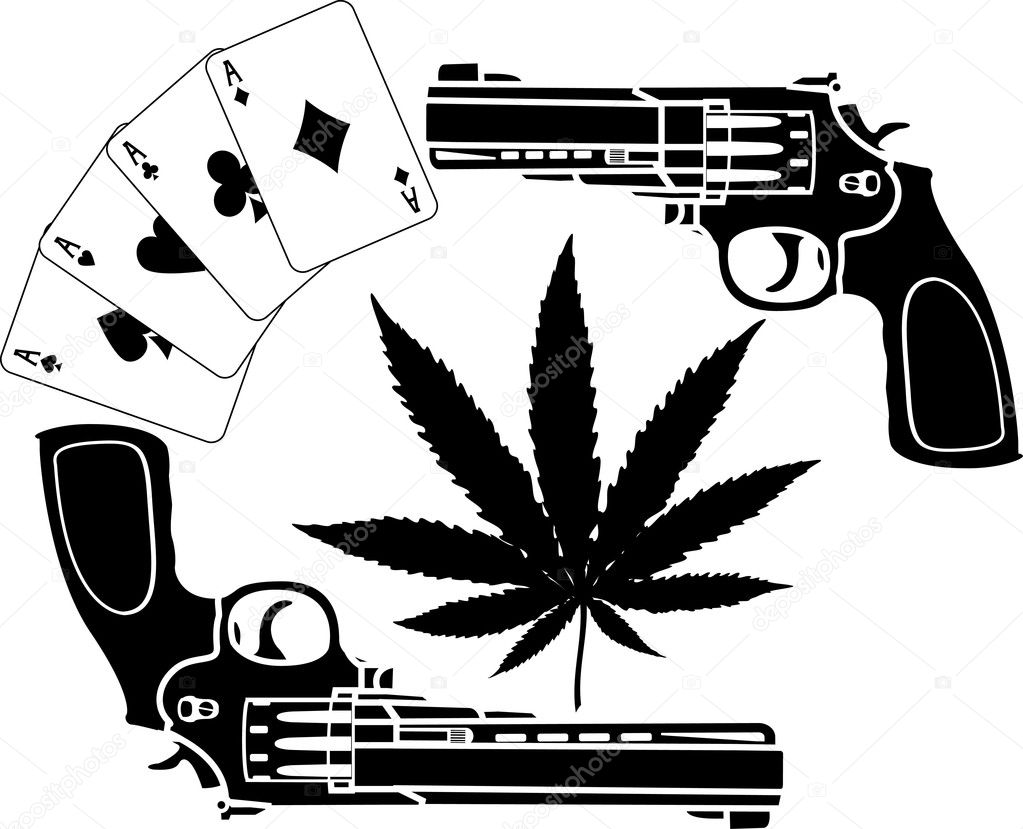 Cards, hemp and two pistols. stencil. vector illustration