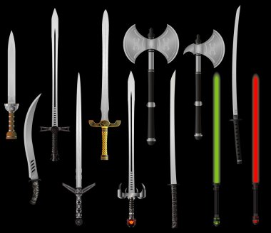 Set of fantasy swords and axes clipart