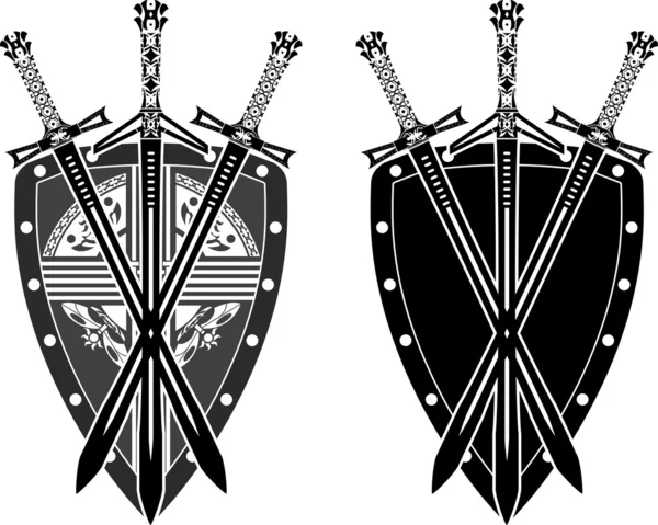 Tres espadas y escudo — Vector de stock