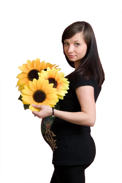 Hermosa Mujer Embarazada Sosteniendo Vientre Con Flores —  Fotos de Stock
