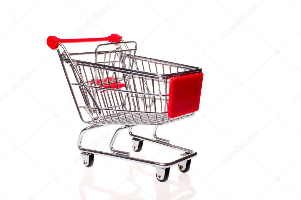Small metal shopping cart isloted on white