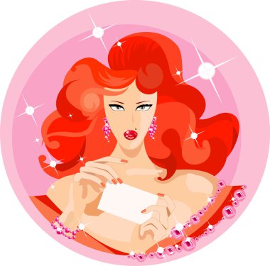 Vector image of charming woman with blank card for your information clipart