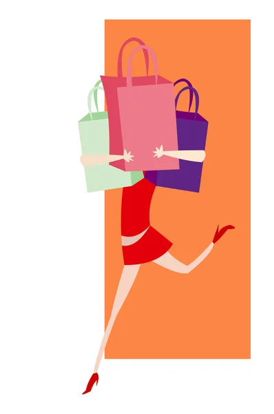 Einfaches Vektorbild Der Frau Mit Wenigen Einkaufstaschen — Stockvektor