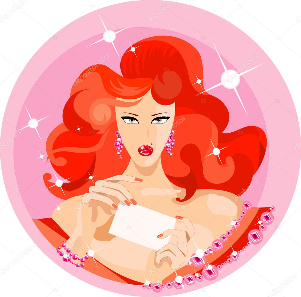 Vector image of charming woman with blank card for your information