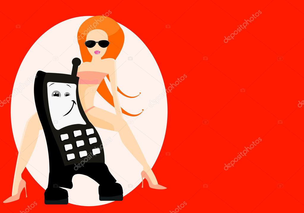 Vector image of cellphone and woman. good use for gprs service cards