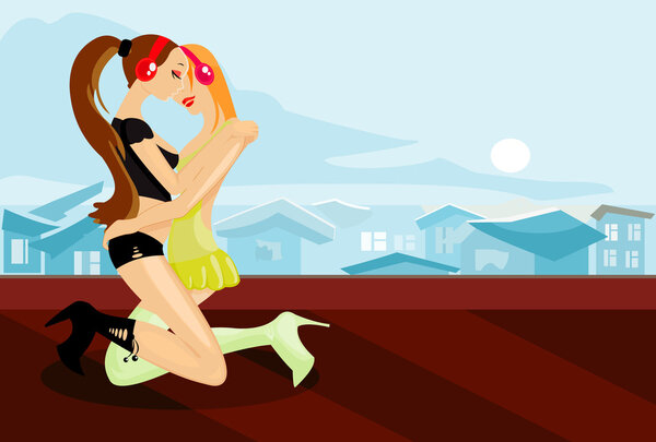 Vector image of two lesbians on roof