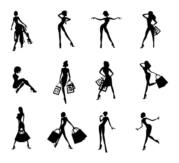 Vector Afbeelding Van Vrouwen Silhouetten Nadat Winkelen Geïsoleerd Wit — Stockvector