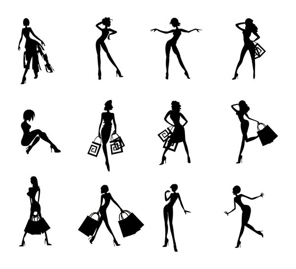 Vector image of women silhouettes after shopping isolated on white