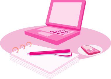 Vector image of woman's pink computer and notepad isolated on white clipart