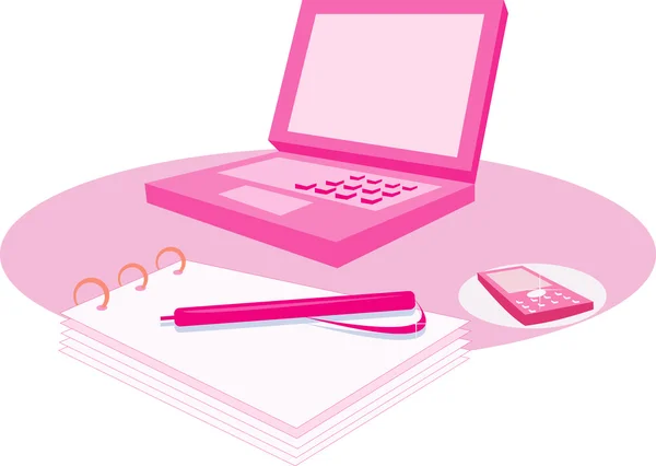 女人的粉红色计算机和记事本上白色孤立的矢量图像 — 图库矢量图片