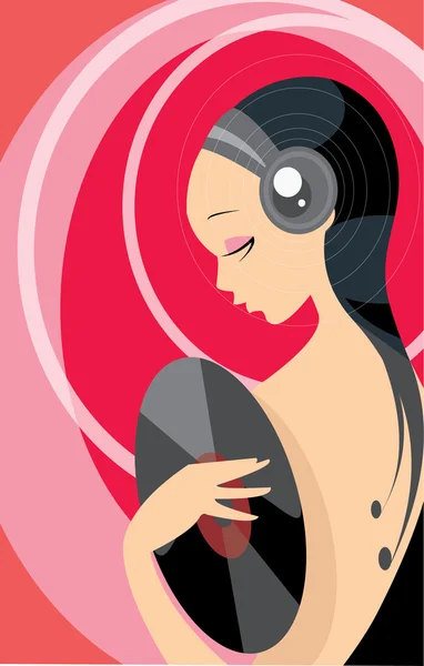ベクター画像美少女の赤い背景の音楽に耳を傾ける — ストックベクタ