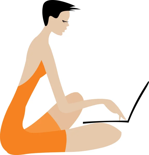 Immagine Vettoriale Donna Con Laptop Isolato Bianco — Vettoriale Stock