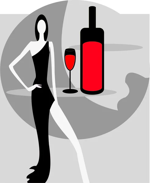 女人和瓶红葡萄酒的矢量图像 — 图库矢量图片