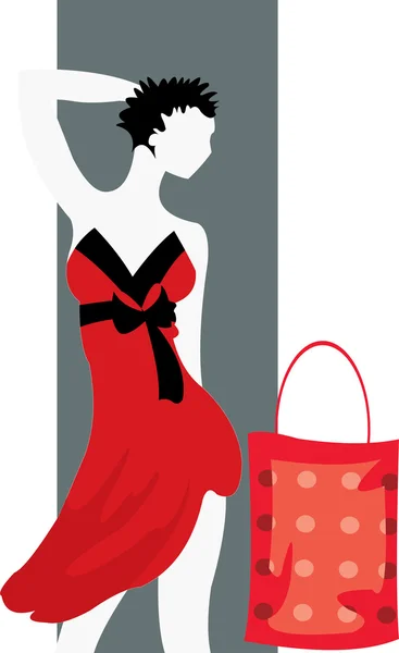 Buyer in red dress with purchases — Stock Vector
