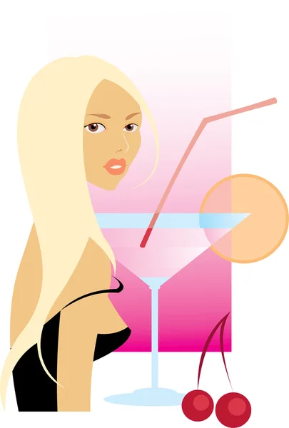 Chica y vaso con martini — Vector de stock