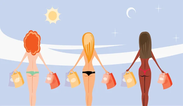 Grafika Wektorowa Trzy Dziewczyny Zakupów — Wektor stockowy