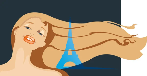 Vektor Gambar Wanita Paris Cantik Dan Siluette Menara Eiffel Terkenal - Stok Vektor