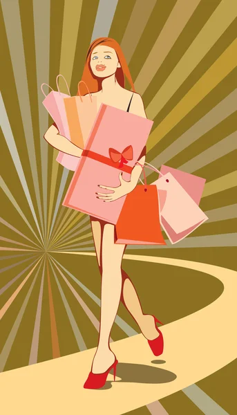 買い物の後で袋を保持しているきれいな女の子のベクトル画像を提示します — ストックベクタ