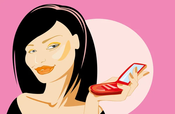 Векторное Изображение Женщины Красным Мобильным Телефоном — стоковый вектор
