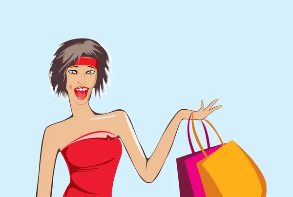 Vector Image Glad Girl Shopping Isolated Blue — Stock Vector