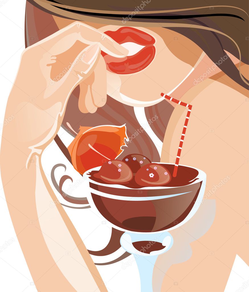 Vector image of close up of part of pretty woman face and cocktail