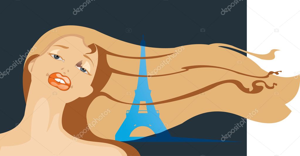 Vector image of pretty parisian woman and siluette of famous Eiffel tower