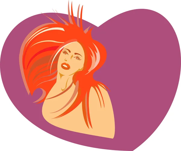 背景として大きなバイオレット心に対して長く赤い毛熱女 — ストックベクタ