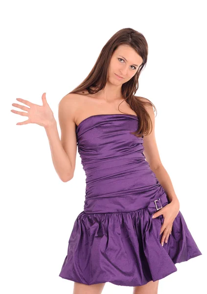 欢迎的姿态的孤立在白色的紫罗兰色礼服的漂亮女孩 — 图库照片