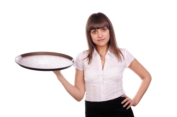 Young Pretty Waitress Tray Isolated White — Stock Photo, Image
